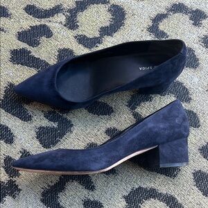 Via Spiga Navy Blue Suede Pointy Toe Block Heel Pumps Size 7